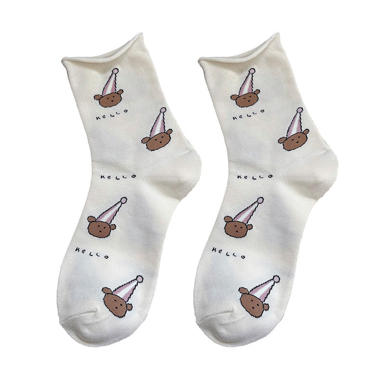 女襪|彈力卷邊襪子女可愛卡通圖案學院風中筒襪棉質吸汗透氣舒適堆堆襪「YM2454」25.08-4