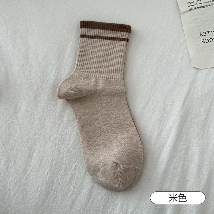 女襪|灰色襪子女竪條顯瘦羅口二槓學院風運動襪棉質親膚舒適彈力中筒襪「FM5090」25.03-1