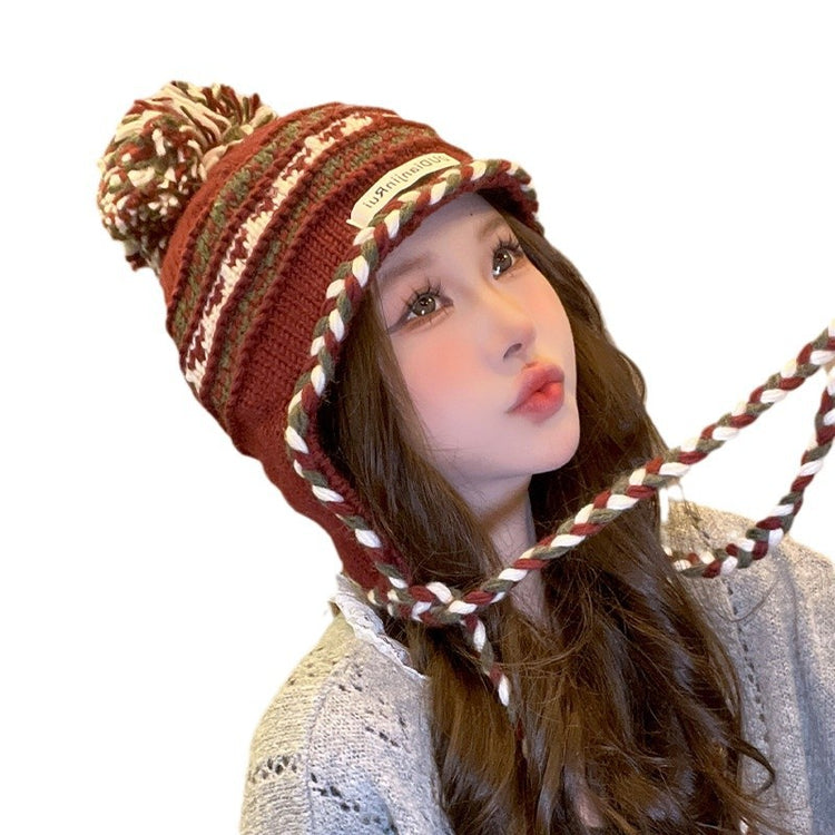 流行帽子|撞色流蘇毛球護耳帽女秋冬加絨保暖條紋百搭針織帽尼泊爾風毛線帽「C4738」24.11-1