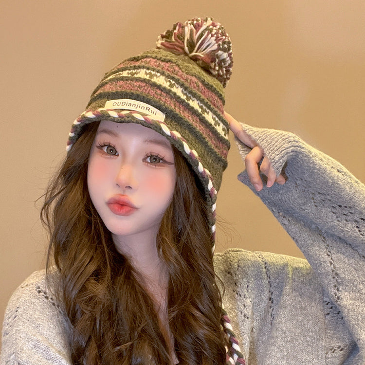 流行帽子|撞色流蘇毛球護耳帽女秋冬加絨保暖條紋百搭針織帽尼泊爾風毛線帽「C4738」24.11-1