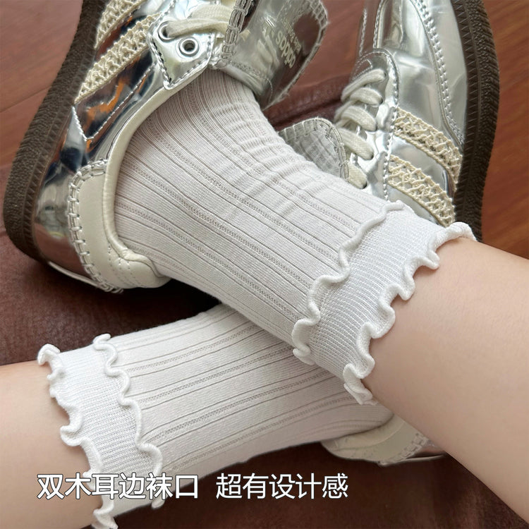 女襪|白色雙木耳邊襪子女miu系竪條顯瘦彈力中筒襪棉質吸汗防臭堆堆襪「NY2626」25.07-4