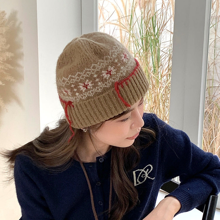流行帽子|聖誕雪花~24新款冬季保暖毛線帽女復古百搭檐系紅繩針織帽毛線帽「C4739」24.10-5