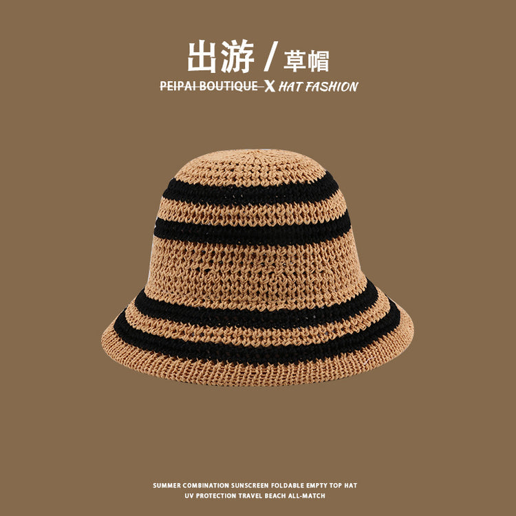 流行帽子|草帽編織女可折疊沙灘帽夏季鏤空透氣水桶帽甜美海邊遮陽帽子批發「C3748」24.03-4