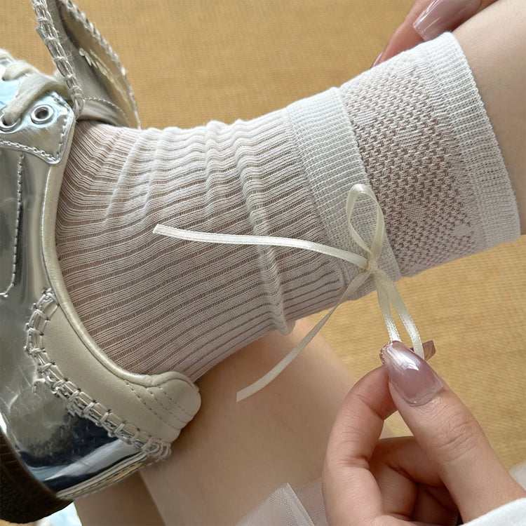 女襪|miu系蝴蝶結襪子女棉質吸汗網眼透氣堆堆襪親膚舒適彈力襪子「SX1042」25.08-1