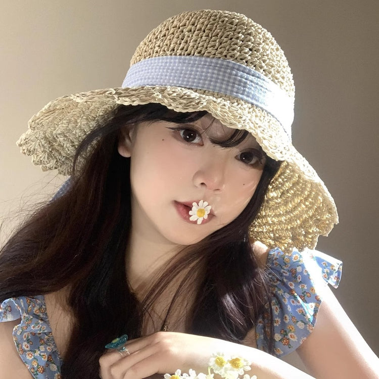 流行帽子|蝴蝶結編織帽子女夏季海邊度假草帽防曬遮陽帽法式防紫外線太陽帽「C5174」25.04-3