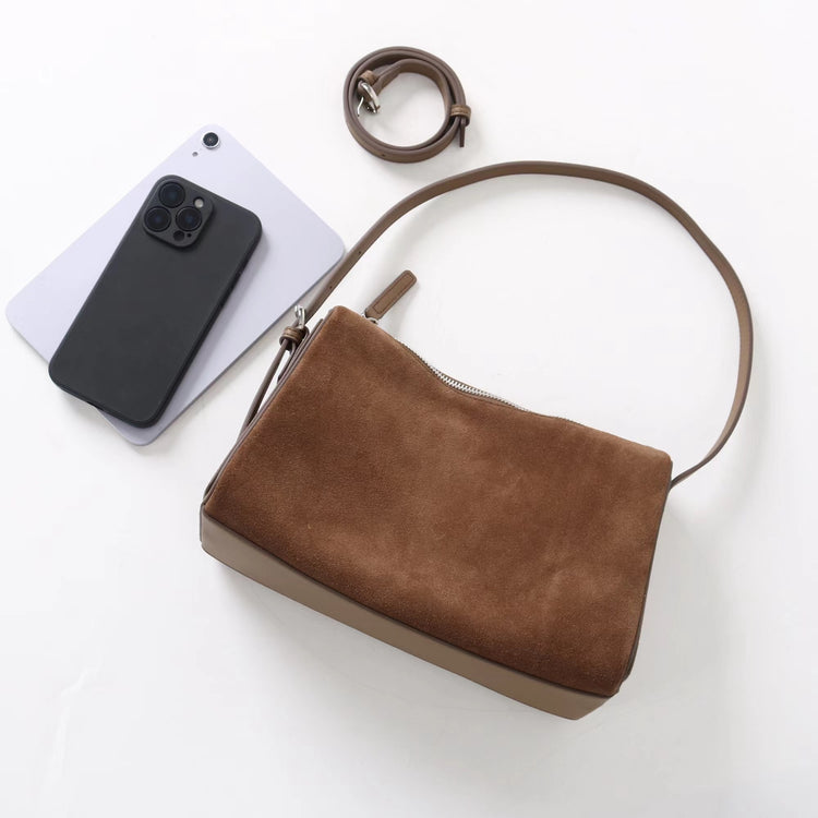 質感真皮|2025新款復古絨面磨砂牛皮柔軟高級感小眾餃子包流行時尚單肩斜挎「7038」25.06-4