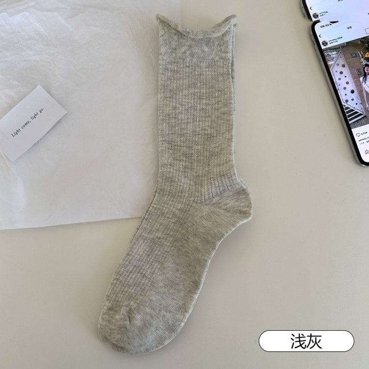 女襪|灰色堆堆襪子女棉質鏤空網眼透氣中筒襪親膚舒適彈力無骨休閒襪「MI1141」25.04-4