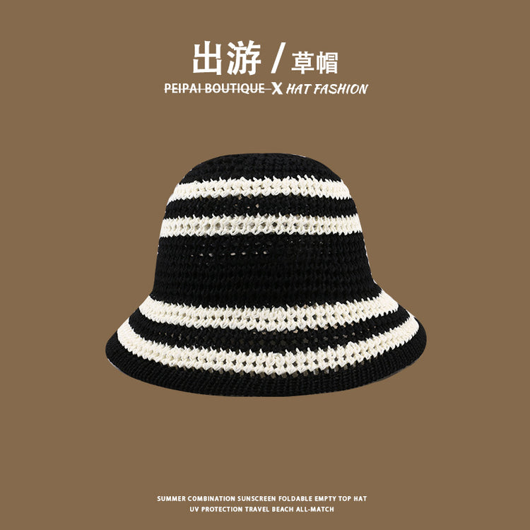 流行帽子|草帽編織女可折疊沙灘帽夏季鏤空透氣水桶帽甜美海邊遮陽帽子批發「C3748」24.03-4