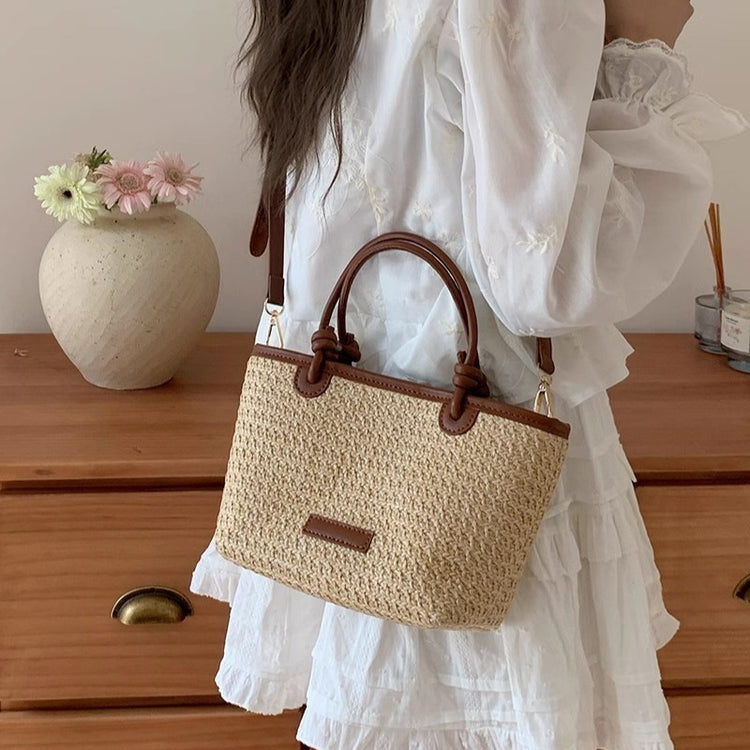 日韓流行|沙灘風手提編織小包包女2024新款夏季單肩斜背包菜籃水桶草編包「9387#」24.05-4