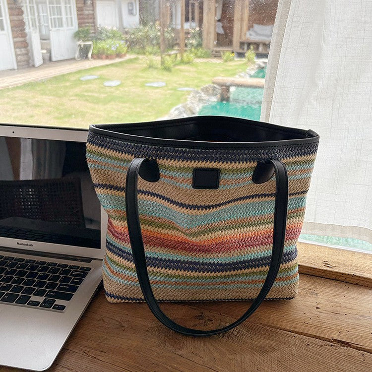 日韓流行|夏日彩色大容量通勤編織包度假沙灘包女士托特包包百搭彩虹單肩包「J9006」25.07-1