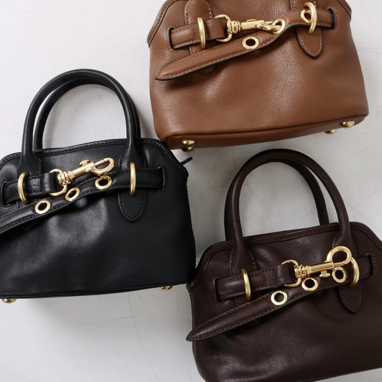 質感真皮|新款精緻迷你手拎中古保齡球斜背包通勤小眾復古百搭高級感包「8205」25.03-1