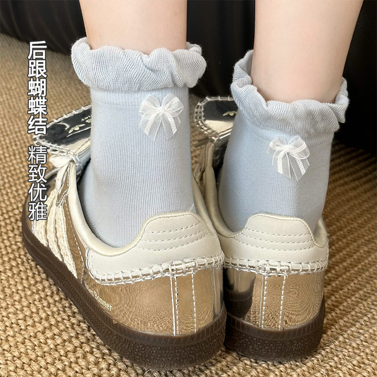 女襪|後跟蝴蝶結襪子女春夏季ins潮花邊襪口中筒襪棉質吸汗透氣堆堆襪「SM2501」25.04-1