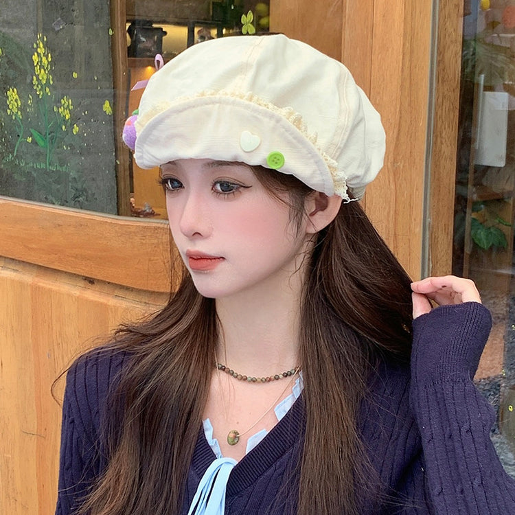 流行帽子|可愛卡通蝴蝶結顯臉小帽子女春夏出遊雲朵帽百搭翻檐蕾絲邊貝雷帽「C5380」25.07-3