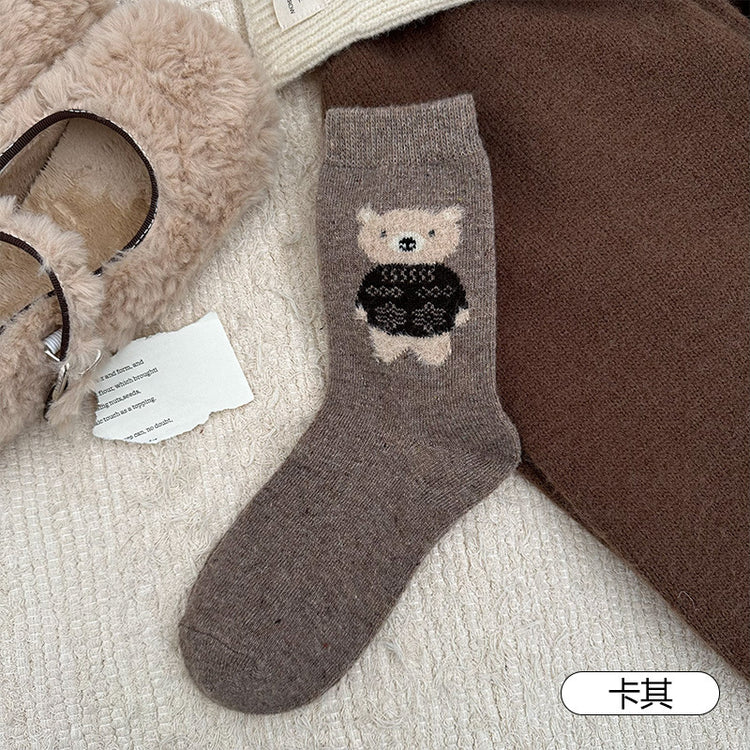 女襪|襪子女士可愛卡通立體植絨小熊中筒襪秋冬季加厚保暖羊毛襪「GO2590」25.11-3