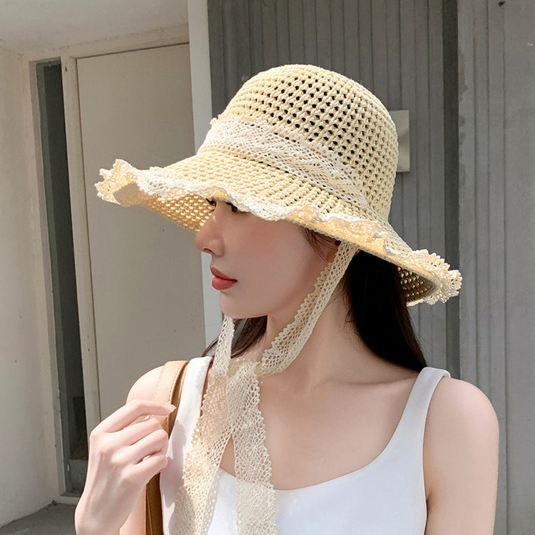 流行帽子|蕾絲系帶草帽夏季女帽子防曬學生戶外遮陽帽綁帶沙灘彩虹太陽帽子「C3929」24.05-2