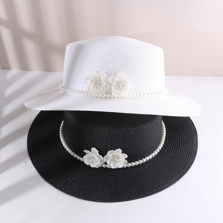 流行帽子|海邊草帽夏季遮陽遮臉防曬帽珍珠花朵赫本風沙灘度假平頂草編禮帽「C4107」24.07-4