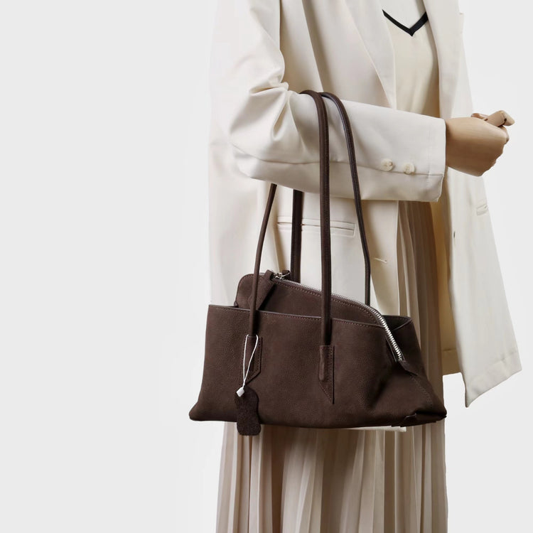 質感真皮|2025新款頭層麂皮不規則斜頂手提托特包磨砂荔枝牛皮腋下包「6163-S」25.10-1