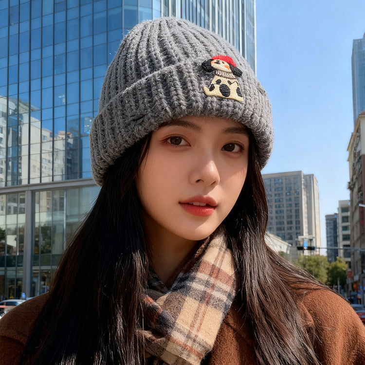 流行帽子|韓版小狗貼布破洞帽子女秋冬季加厚保暖毛線帽可愛針織護耳包頭帽「C5756」25.11-1