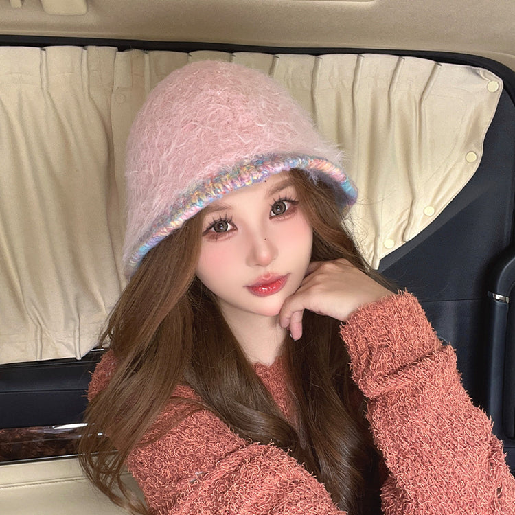 流行帽子|帽子女秋冬季彩虹檐邊毛絨針織水桶帽加厚保暖毛茸茸顯臉小毛線帽「C4442」24.09-2
