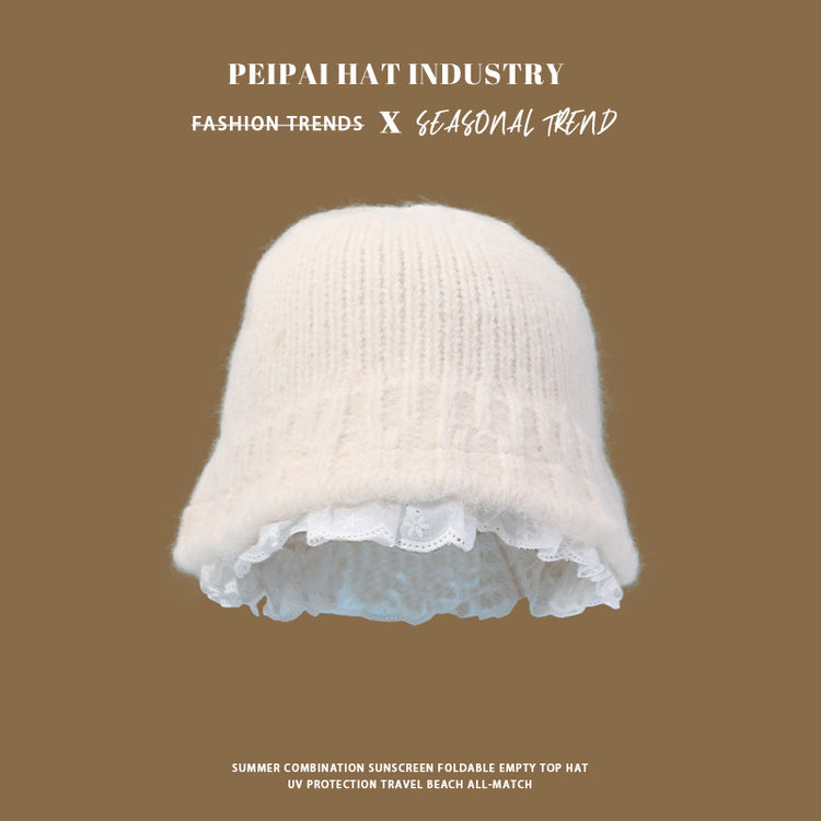 流行帽子|甜美純色白色花邊毛線帽女秋冬韓系保暖顯臉小盆帽針織毛線帽子女「C4628」24.10-3