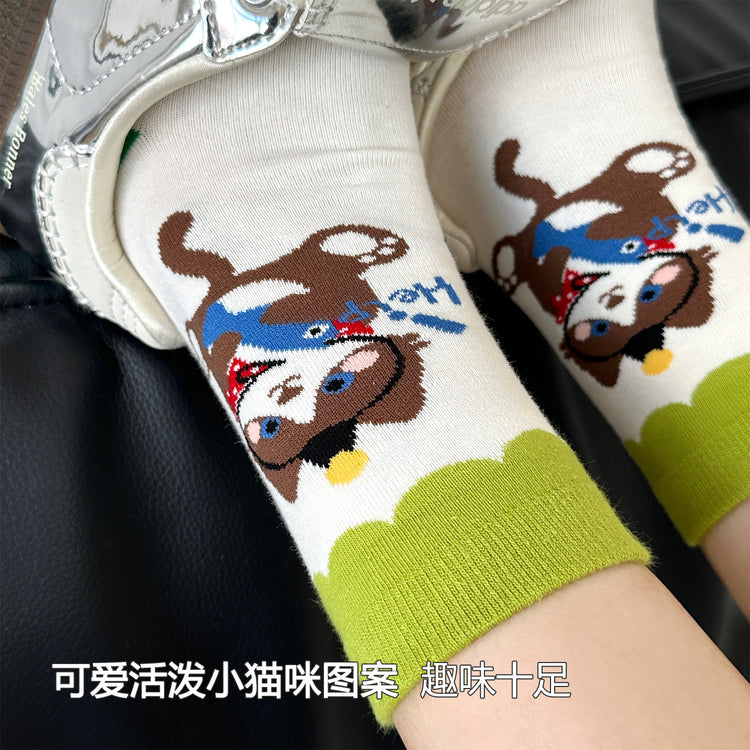 女襪|卡通圖案襪子女棉質吸汗透氣彈力中筒襪多巴胺親膚舒適襪子「MK5126」25.08-2