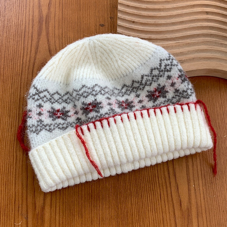 流行帽子|聖誕雪花~24新款冬季保暖毛線帽女復古百搭檐系紅繩針織帽毛線帽「C4739」24.10-5