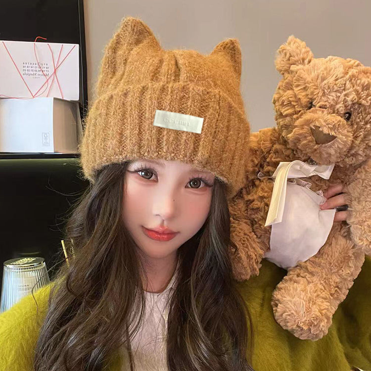 流行帽子|可愛保暖毛線帽女百搭顯臉小貓耳朵針織帽萌趣保暖防寒護耳帽子男「C4778」24.11-1