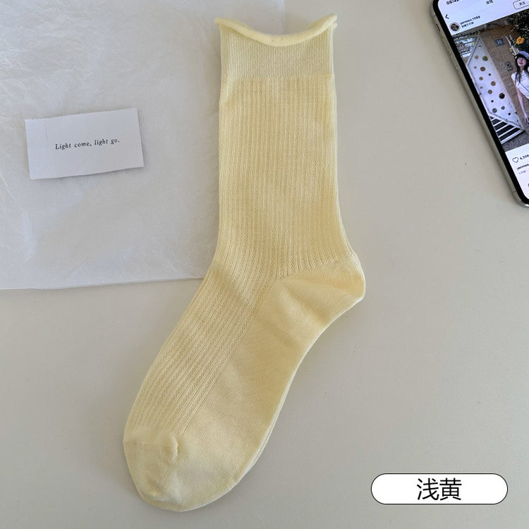 女襪|灰色堆堆襪子女棉質鏤空網眼透氣中筒襪親膚舒適彈力無骨休閒襪「MI1141」25.04-4