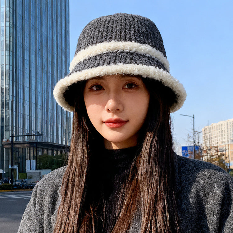 流行帽子|2025新款大頭圍帽子女保暖漁夫帽護耳百搭針織帽韓版戶外條紋盆帽「C2621A」25.10-3