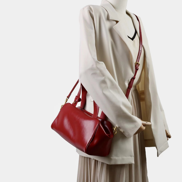 質感真皮|2025新款時尚牛皮手柄保齡球波士頓手提包小眾設計休閒百搭斜背包「8566」25.09-2