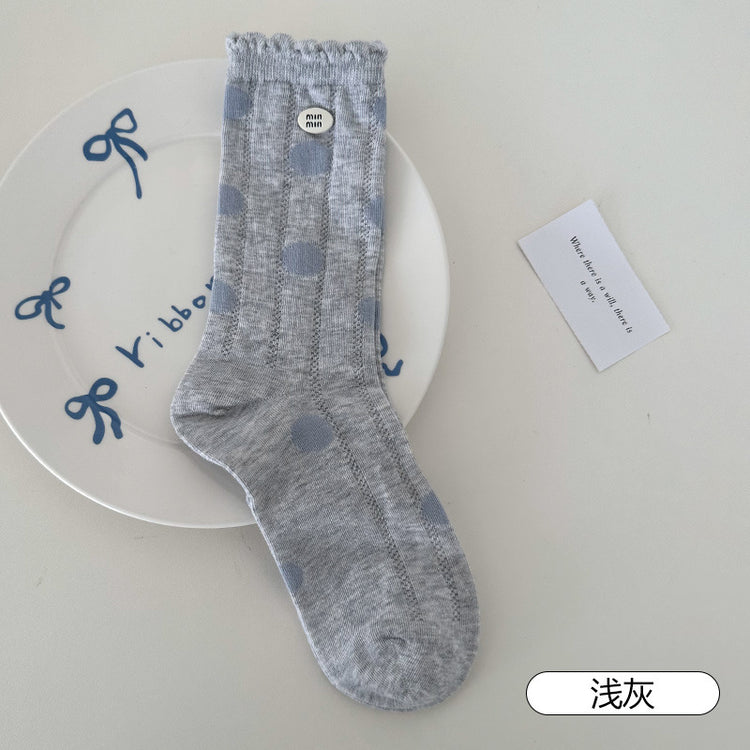 女襪|襪子女士彈力親膚柔軟舒適堆堆襪棉質吸汗透氣波點襪身中筒襪「HT2505」25.04-3