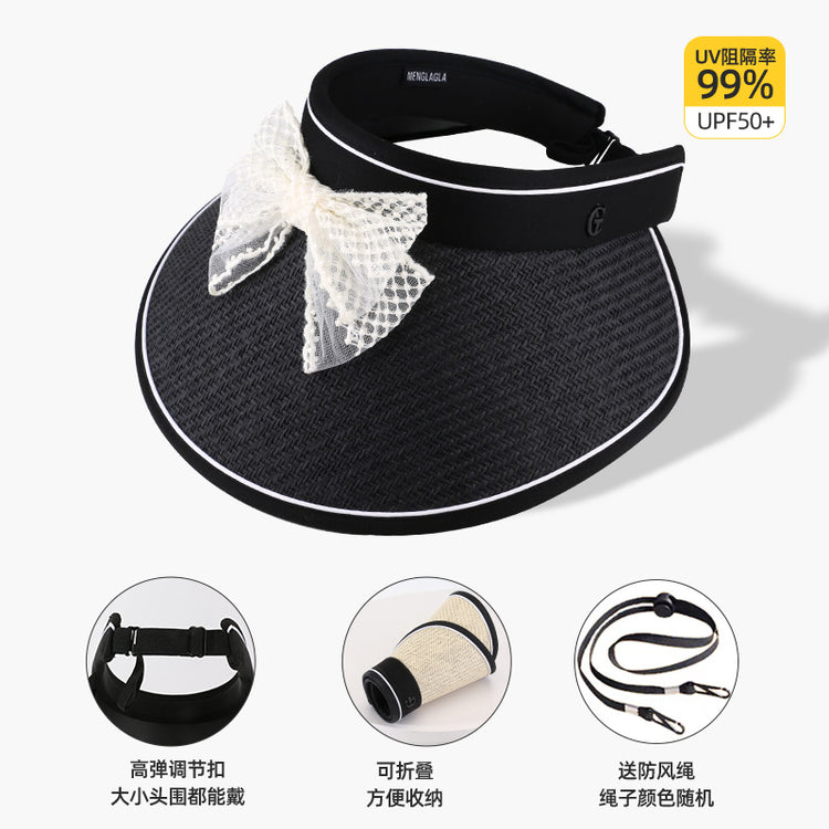 流行帽子|蕾絲蝴蝶結空頂帽女夏季黑膠防紫外線遮陽帽加寬帽檐沙灘太陽帽子「C3802」24.04-3