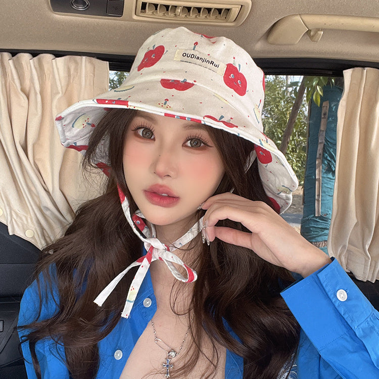 流行帽子|遮陽帽女韓版印花蘋果漁夫帽戶外夏季防紫外線遮陽帽戶外防曬帽子「C5056」25.03-1