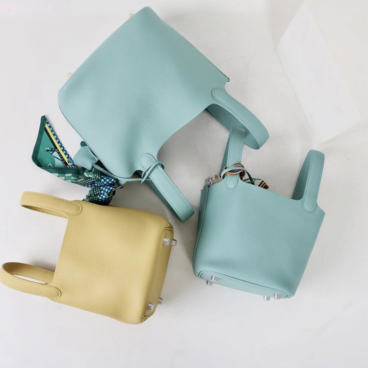 質感真皮|2025年新款時尚軟牛皮水桶包togo頭層牛皮h家菜籃子百搭通勤手提包「80900」25.04-4