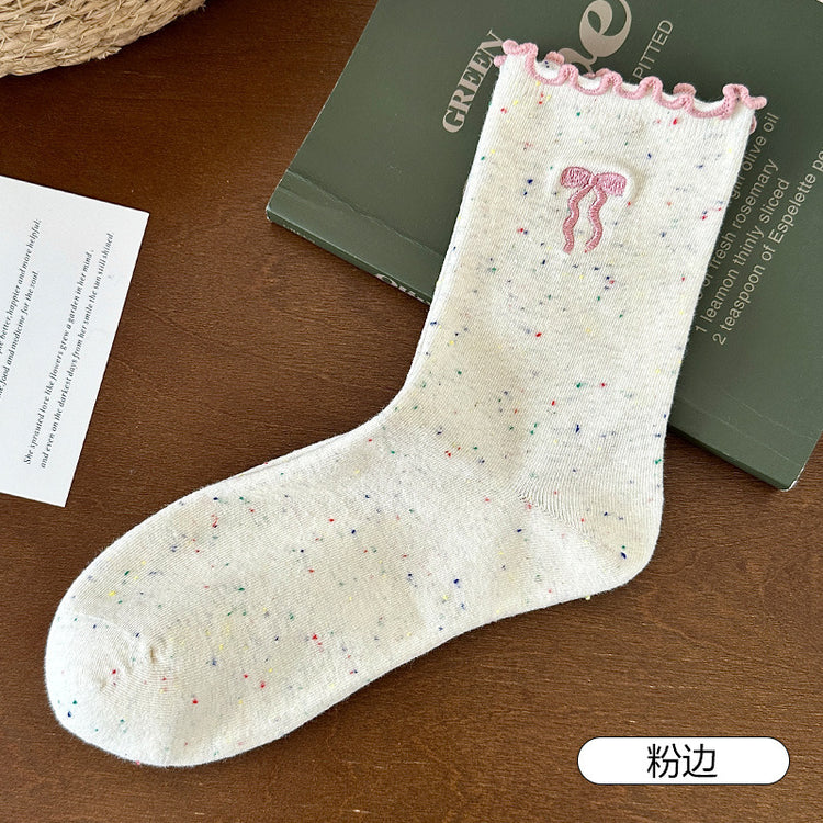 女襪|木耳花邊襪子女刺繡蝴蝶結點子紗中筒襪棉質吸汗透氣堆堆襪「HC5203」25.07-5