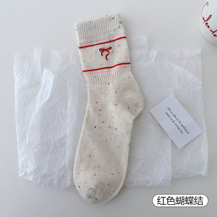 女襪|刺繡蝴蝶結襪子女棉質軟糯親膚舒適中筒襪點子紗春夏季薄款堆堆襪「W0122」25.03-3