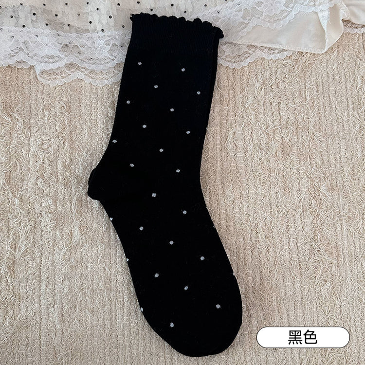 女襪|花邊襪口襪子女復古波點時尚ins潮堆堆襪棉質吸汗透氣彈力中筒襪「S25803」25.02-3