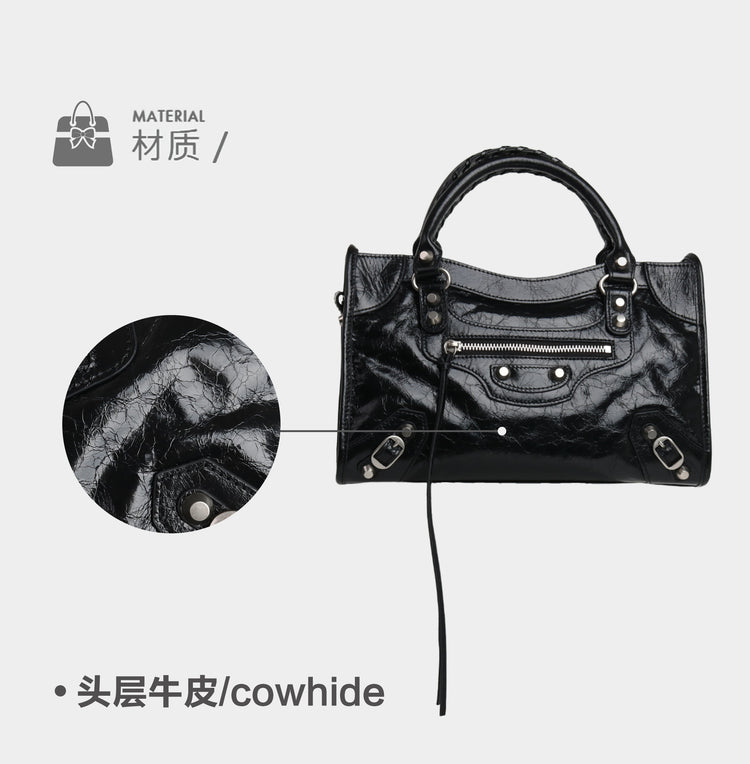質感真皮 | 復古鉚釘機車包皮包手拎包高級感辣妹女小眾斜背包軟皮女重工包包「5136#」24.10-2