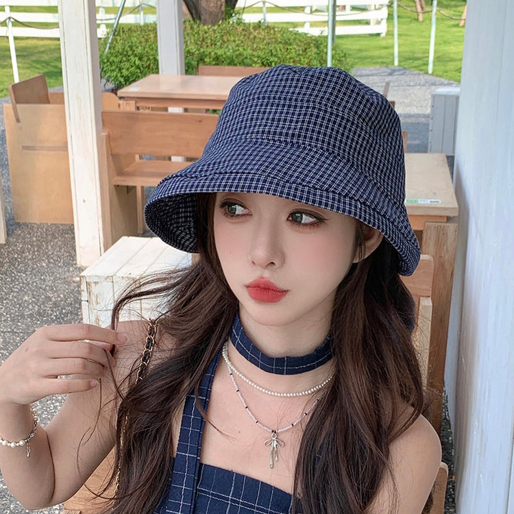 流行帽子|夏季新款格子帽子女蝴蝶結綁帶漁夫帽韓系百搭顯臉小防曬遮陽帽潮「C5262」25.05-2