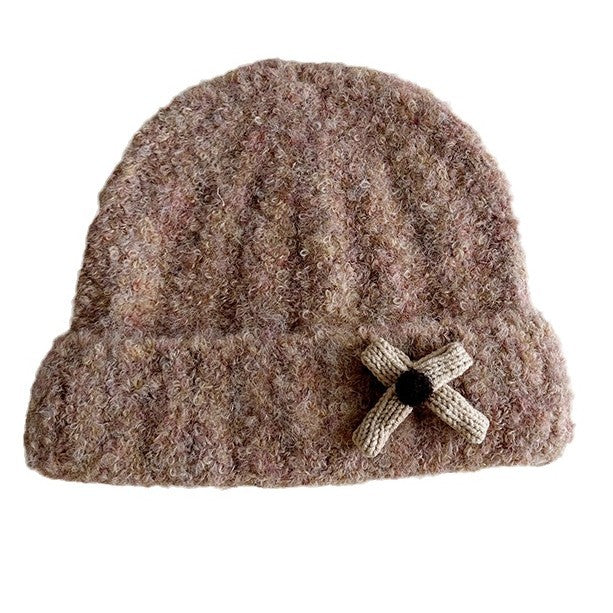 流行帽子|蝴蝶結毛線帽女韓版百搭防風護耳加厚保暖圈圈紗針織帽保暖帽子「5329SG」24.10-1