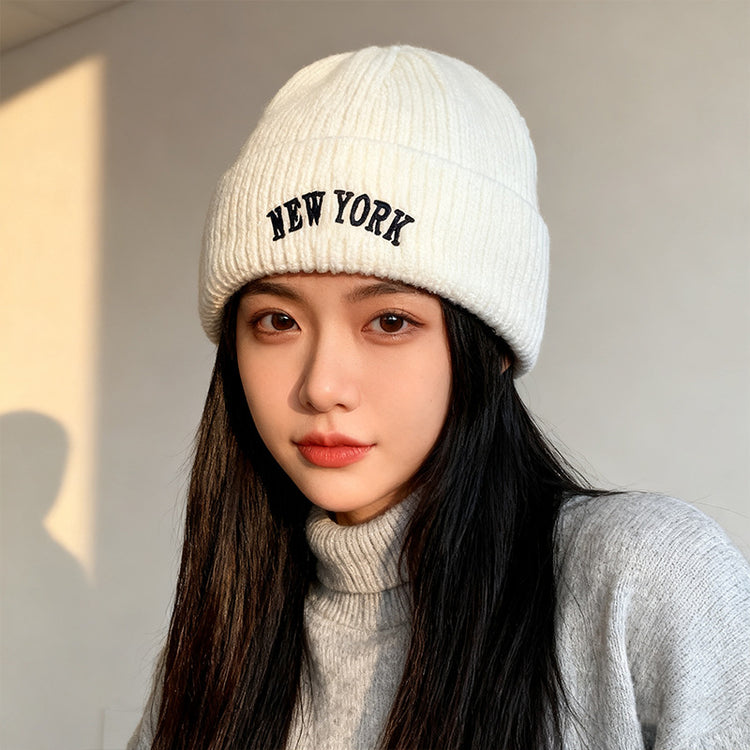 流行帽子|美式刺繡針織帽子女秋冬韓版字母毛線帽保暖百搭套頭護耳冷帽男潮「C5832」25.11-3