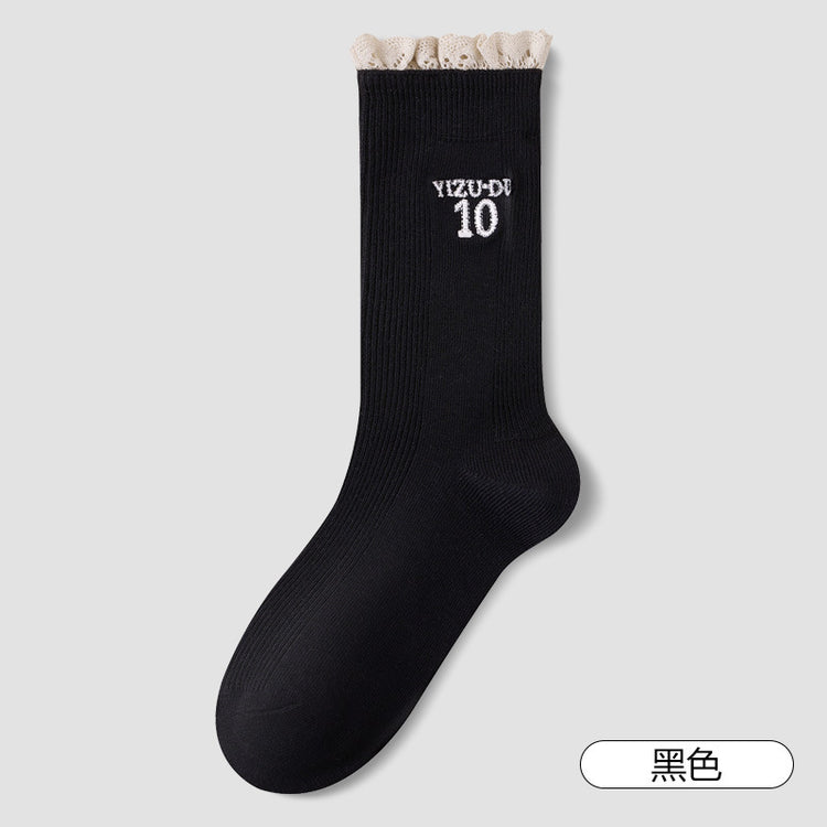 女襪|蕾絲花邊襪子女字母刺繡彈力親膚舒適中筒襪棉質吸汗透氣堆堆襪「XC2386」25.08-3