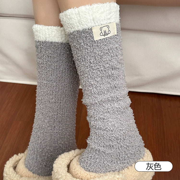 女襪|珊瑚絨小腿襪子女高筒保暖加絨加厚長筒襪秋冬睡眠毛絨絨地板襪「D25864」25.11-4