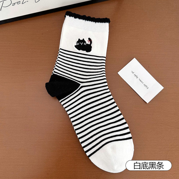 女襪|條紋撞色襪子女花邊襪口彈力舒適中筒襪棉質親膚吸汗透氣堆堆襪「W0123」25.03-3