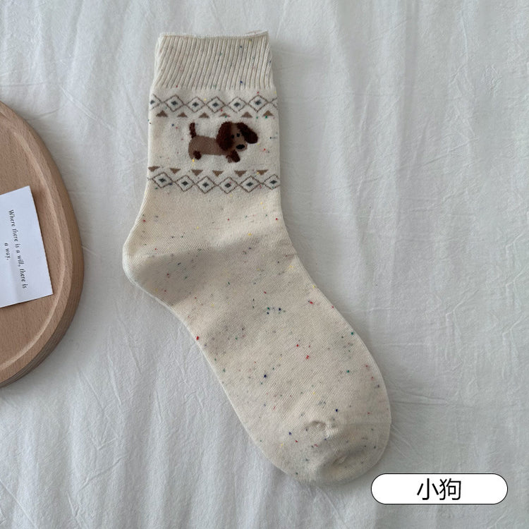 女襪|植絨卡通圖案襪子女春夏季棉質吸濕透氣中筒襪費爾島民族風堆堆襪「MZS8101」25.03-4