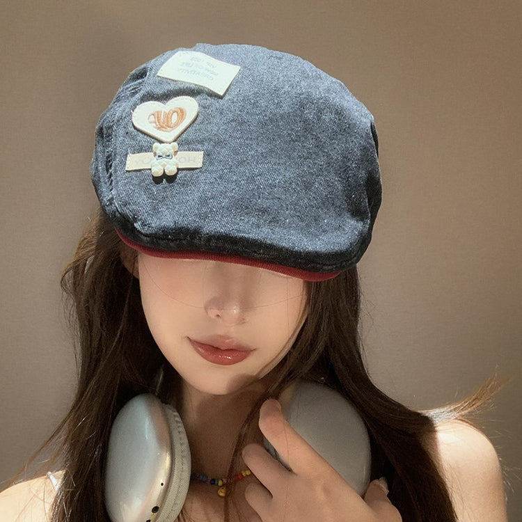 流行帽子|日系復古愛心小熊牛仔拼色檐帽子ins秋季新品可百搭愛甜美前進帽「C4457」24.09-3