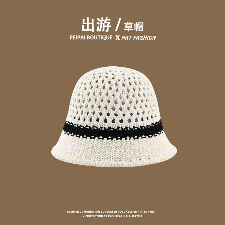 流行帽子|草帽編織女可折疊沙灘帽夏季鏤空透氣水桶帽甜美海邊遮陽帽子批發「C3748」24.03-4