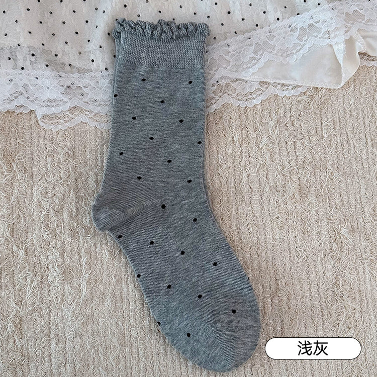 女襪|花邊襪口襪子女復古波點時尚ins潮堆堆襪棉質吸汗透氣彈力中筒襪「S25803」25.02-3