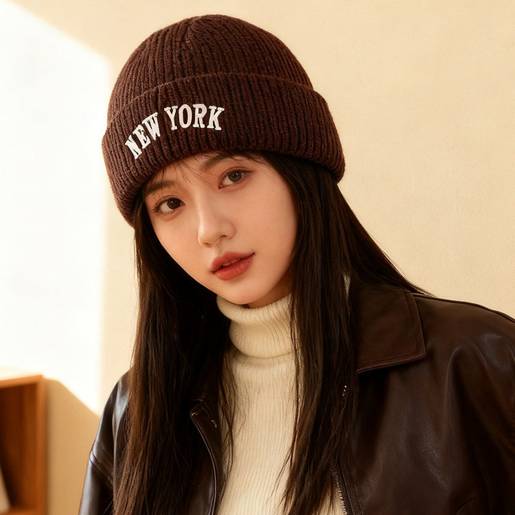流行帽子|美式刺繡針織帽子女秋冬韓版字母毛線帽保暖百搭套頭護耳冷帽男潮「C5832」25.11-3