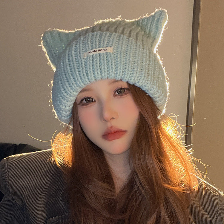 流行帽子|帽子日系可愛貓耳朵毛線帽秋冬季保暖護耳套頭帽百搭顯臉小針織帽「C4391」24.09-3